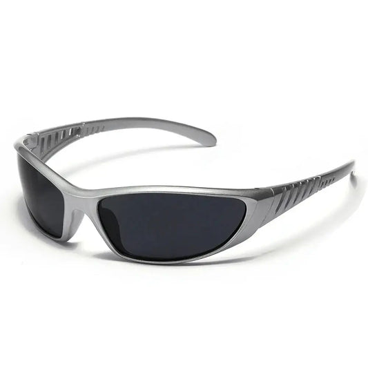 Sporty silver-framed Trend Sunglasses with dark lenses and curved arms for a Y2K look