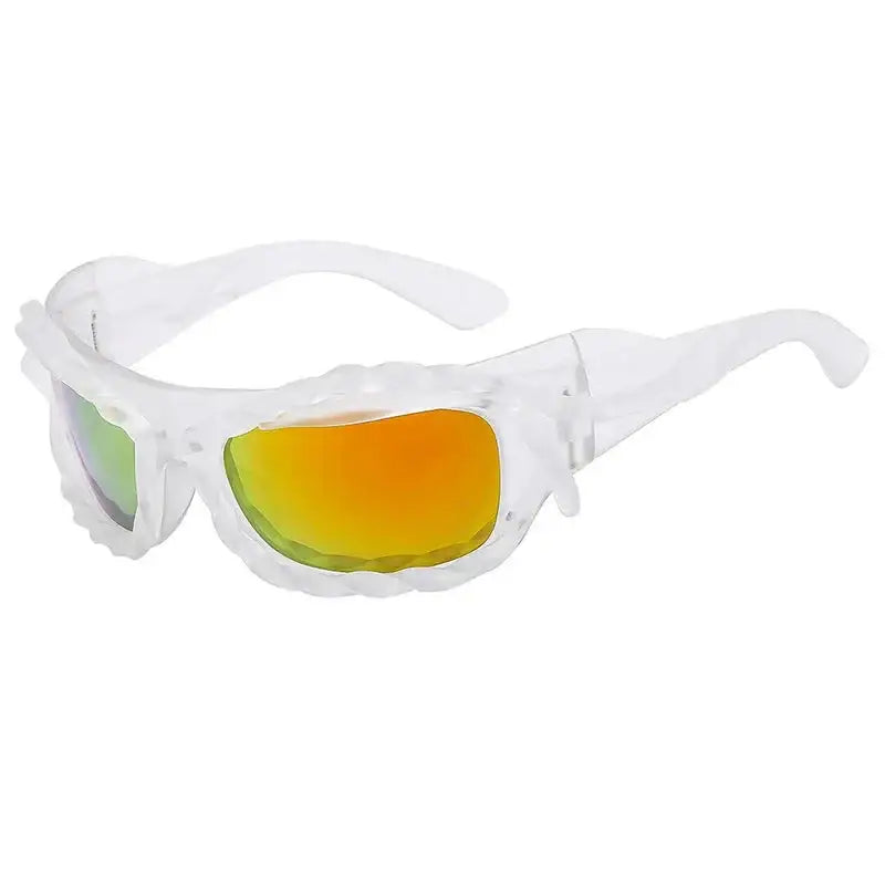 Unique Sunglasses featuring white-framed sports design and orange mirrored plastic lenses