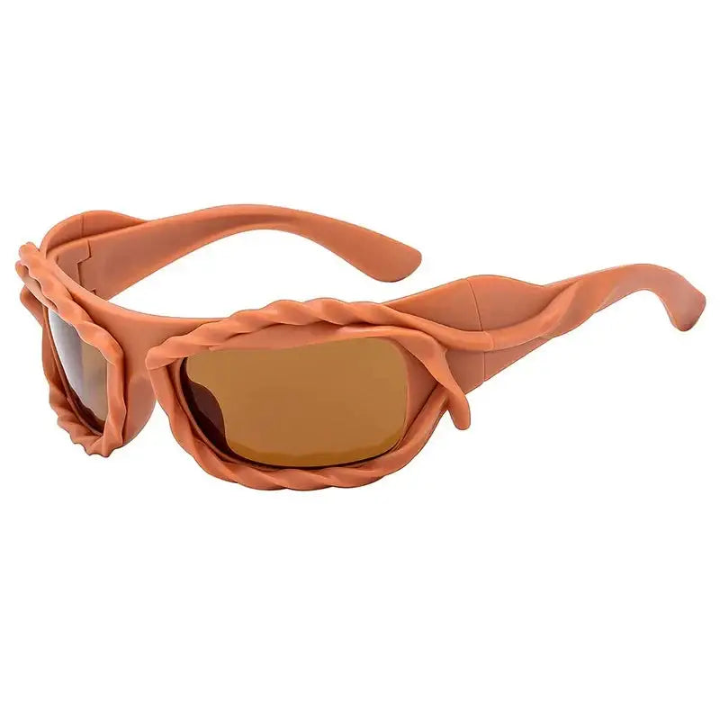 Pair of unique sunglasses with orange frame and brown plastic lenses, featuring a braided design