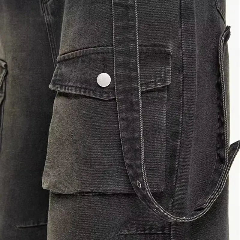 Black denim jacket with pocket and metal button detail for Utility Cargo Jeans