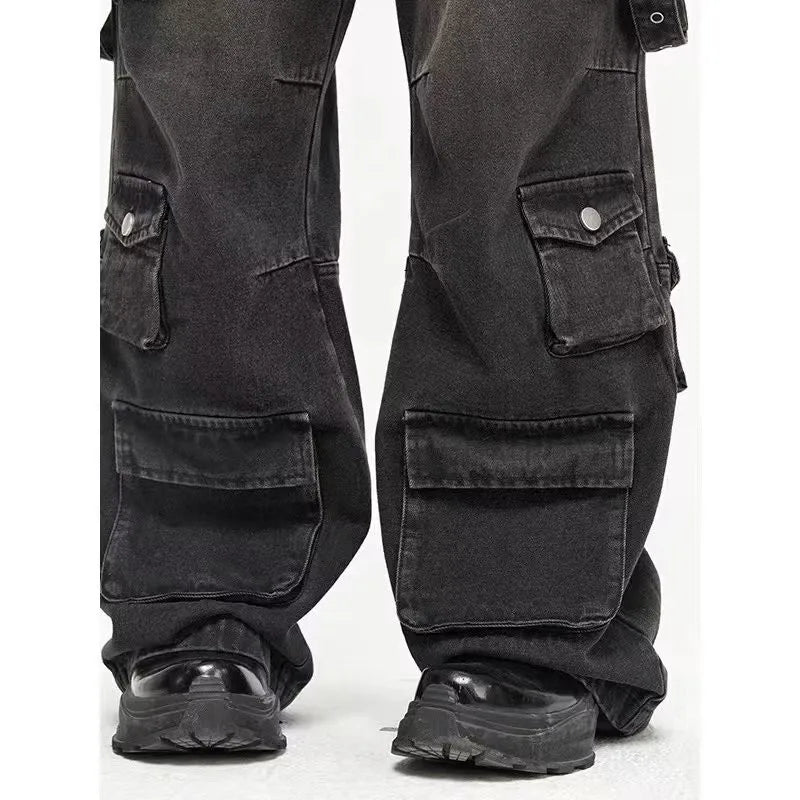 Black Utility Cargo Jeans with multiple pockets styled over black shoes