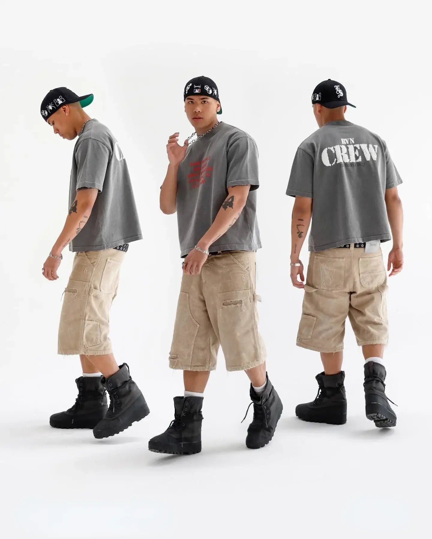 Three men in identical gray t-shirts and utility cargo shorts showcasing different styles