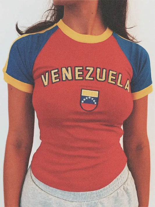 Venezuela Crop Top featuring red body, blue sleeves, and yellow trim for Y2K fashion game