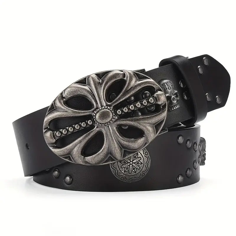 Black leather vintage belt with ornate cross floral design metal buckle