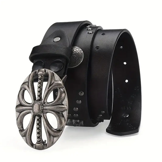 Black leather vintage belt with ornate metal cross-shaped buckle for a stylish look