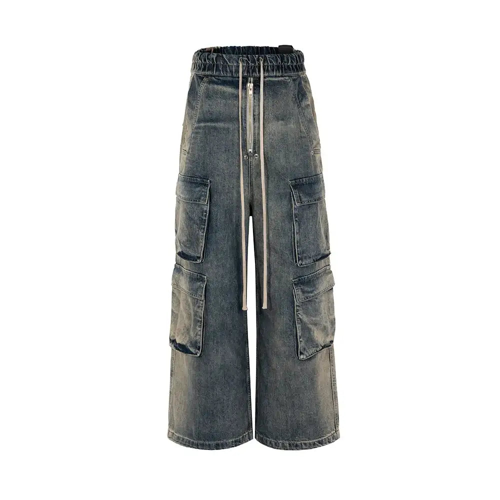 Wide-leg Vintage Cargo Jeans with multiple pockets and a drawstring waist