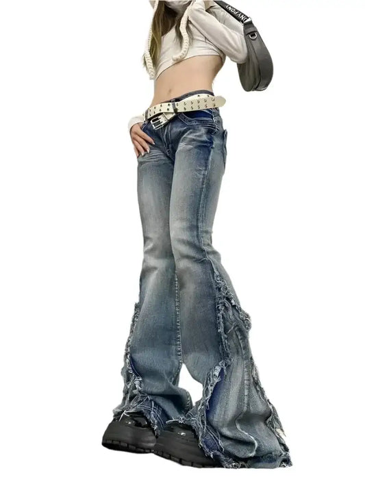 Pair of distressed Vintage Flare Jeans with a decorative belt, perfect for Y2K style