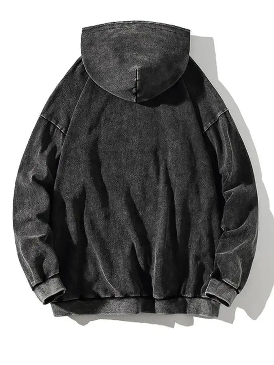 Black hooded sweatshirt with relaxed fit and ribbed cuffs for trendy Y2K fashion vintage hoodie