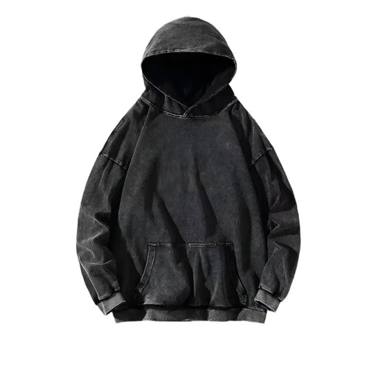 Black hooded sweatshirt with front pocket in stylish Y2K vintage hoodie design