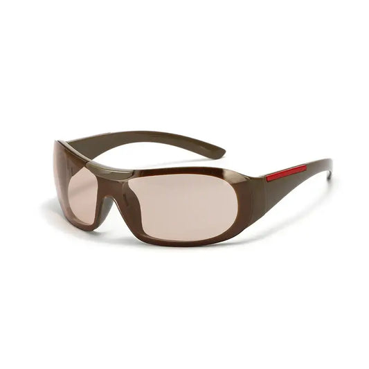 Pair of brown Y2K vintage sunglasses with tinted lenses and red accents on the arms