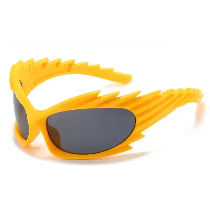 Bright yellow Vortex Sunglasses with wing-like edges and dark lenses, Y2K style