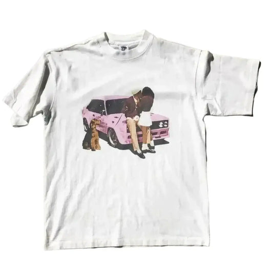 White graphic t shirt featuring a pink car and a person leaning on it, Y2K style