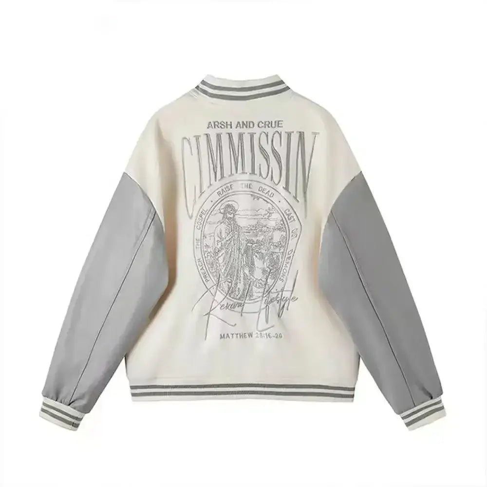 White Varsity Jacket featuring COMISSION text and circular graphic on back, Y2K style