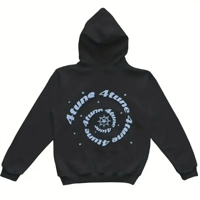 Black hooded sweatshirt featuring spiral blue text on back, perfect for White Y2K Hoodie style