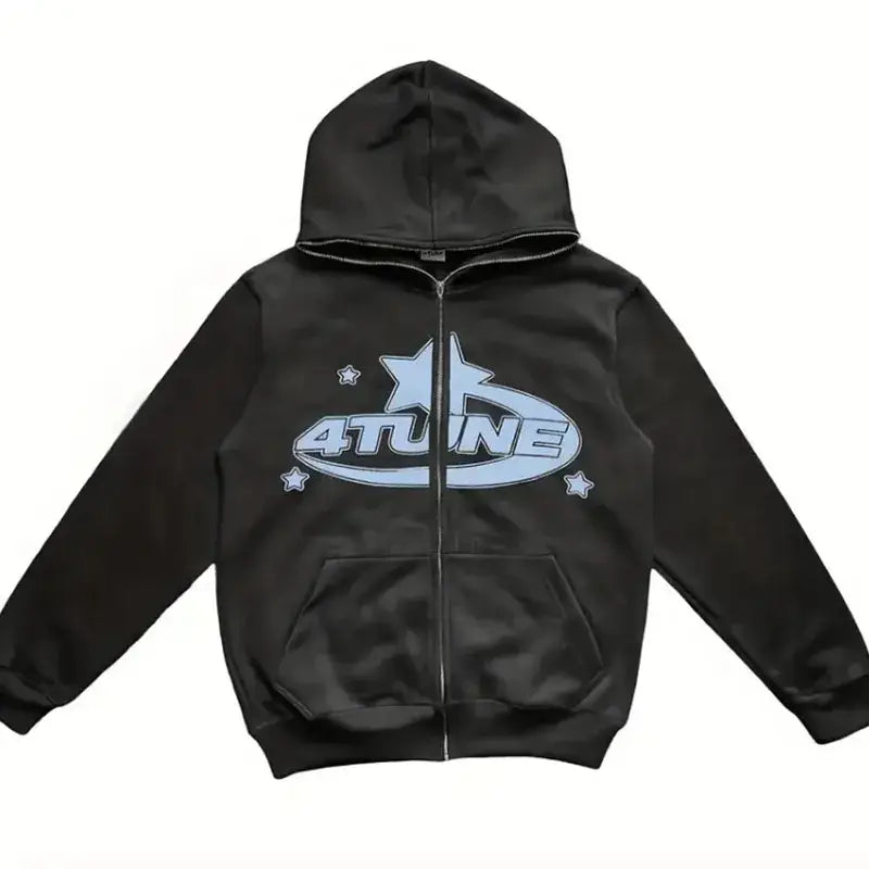 Black zip-up hoodie with light blue 4TUNE logo, stars, part of White Y2K collection