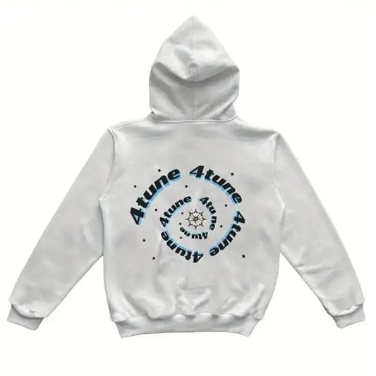 White Y2K Hoodie featuring circular blue text and a small graphic on the back