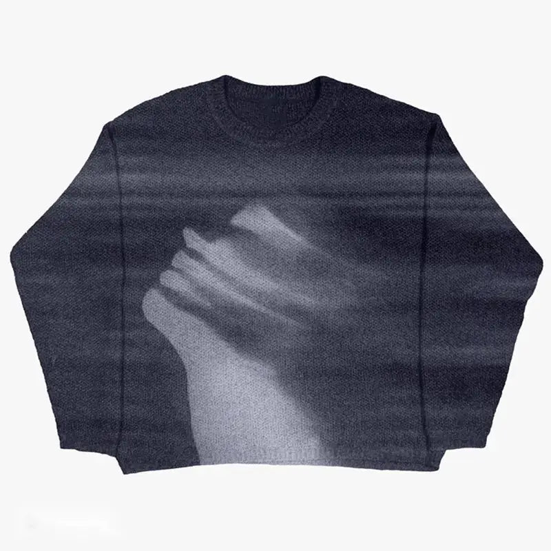 Dark wool knit sweater featuring a ghostly hand graphic on the front