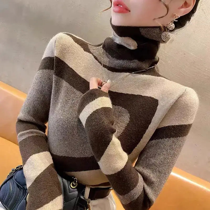 Striped brown and beige wool turtleneck sweater for stylish warmth and comfort