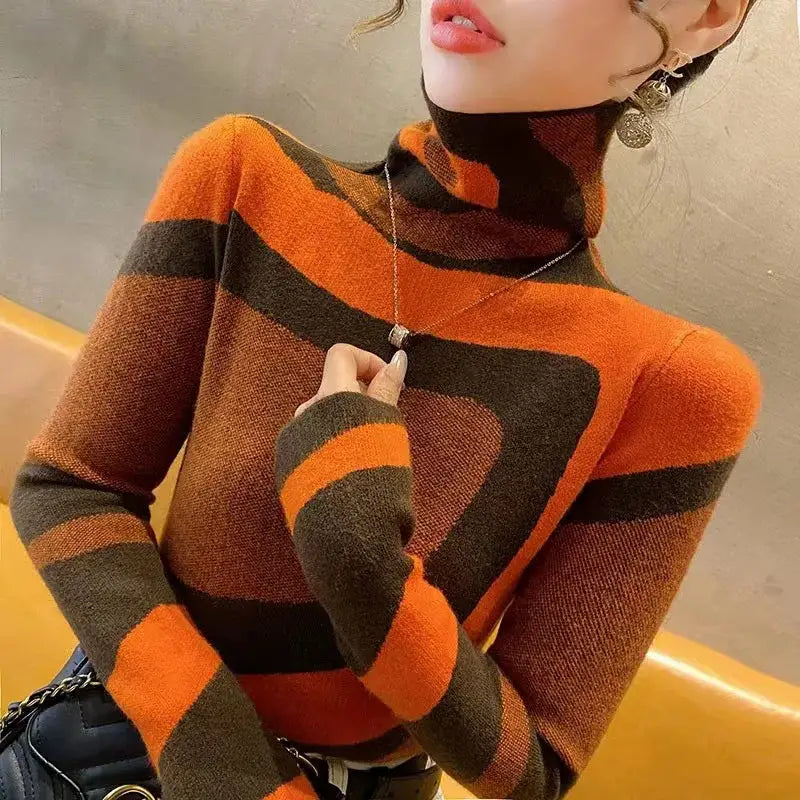 Striped wool turtleneck sweater in orange, brown, and black colors for a stylish look