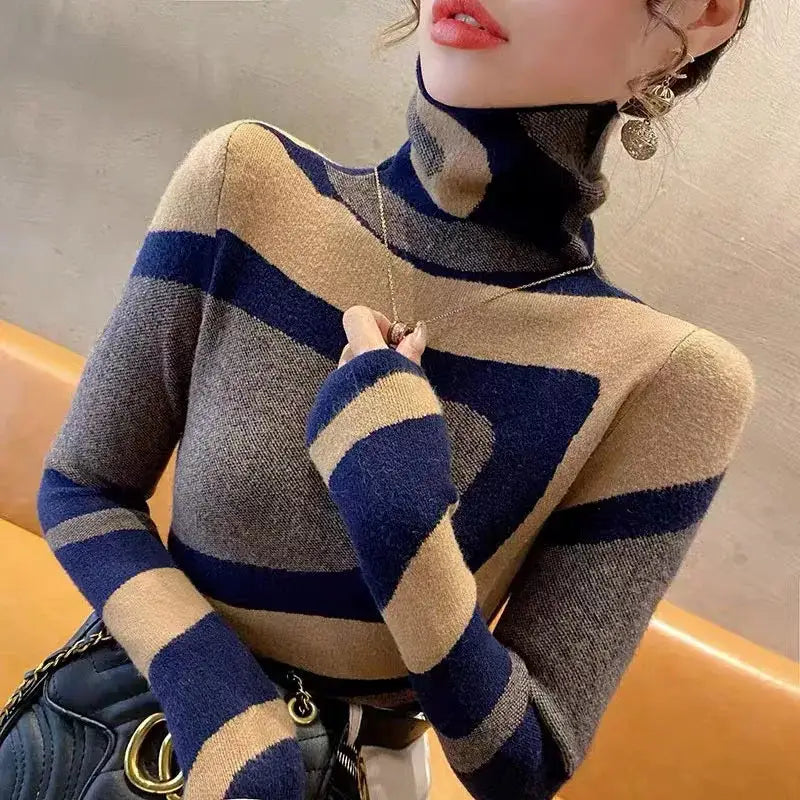 Beige, navy blue, and gray striped wool turtleneck sweater for stylish warmth