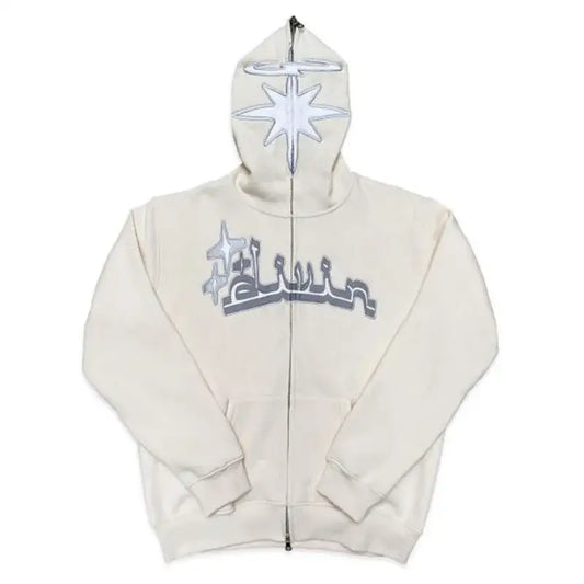 White Y2K Arabic Hoodie featuring star design on hood and graphic text on chest