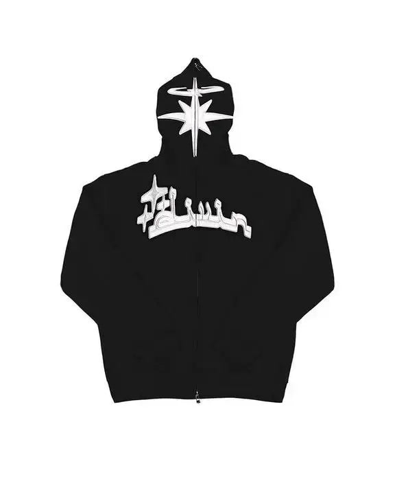 Black Y2K Arabic Hoodie featuring white star and text design on the front