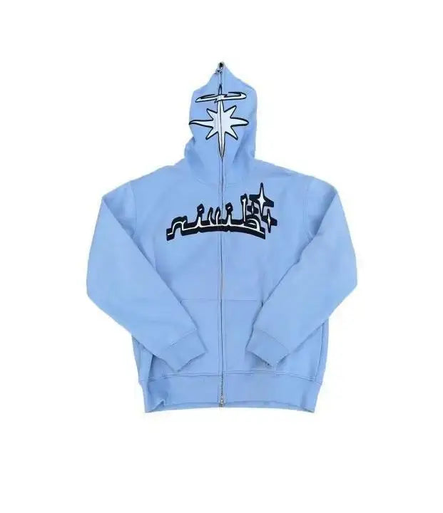 Light blue Y2K Arabic hoodie with Aries text and star design on the front