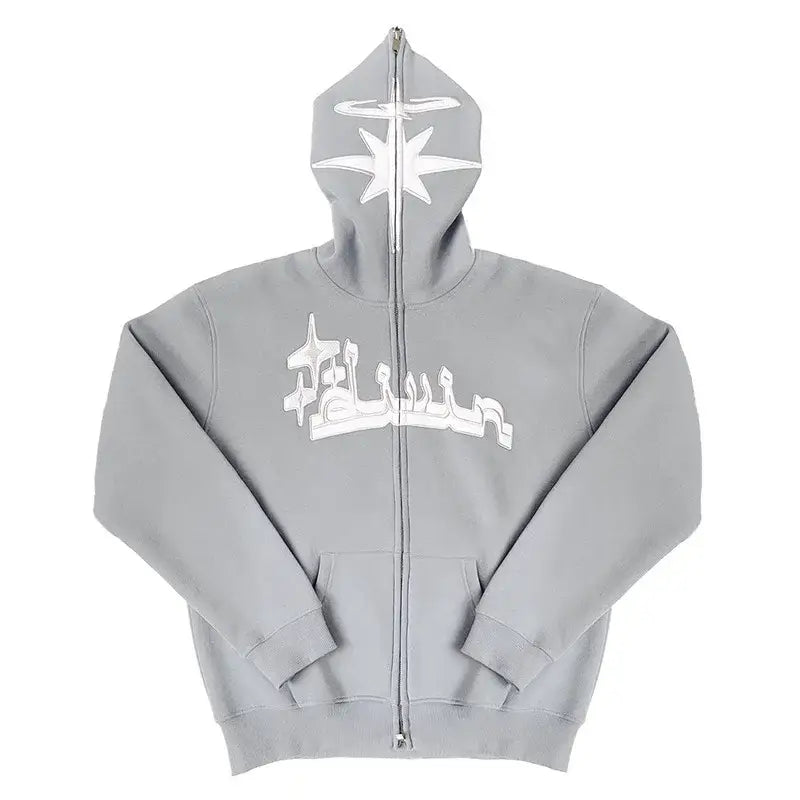 Gray Y2K Arabic Hoodie featuring white graphic design on the front