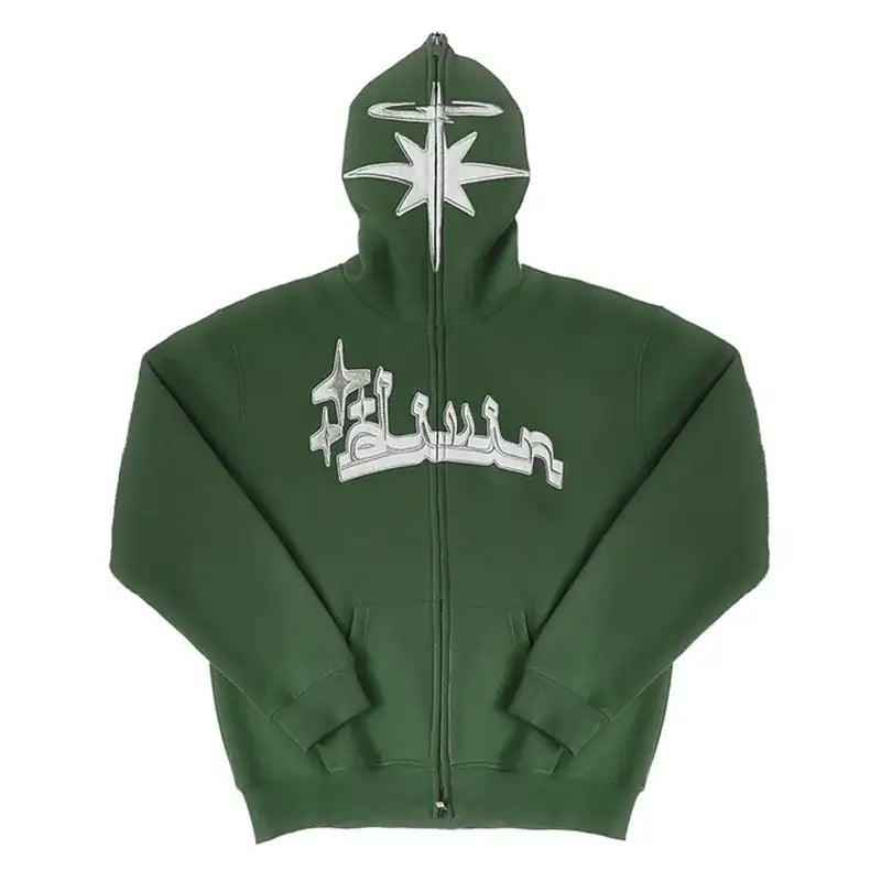 Green Y2K Arabic Hoodie with star hood design and cityscape graphic on chest