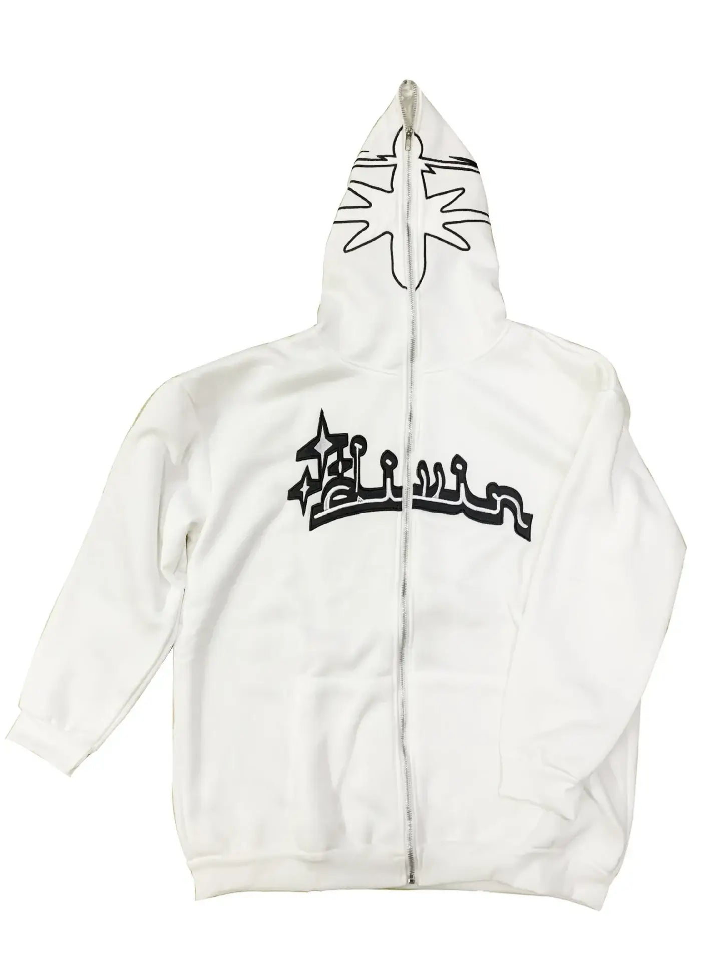 White Y2K Arabic Hoodie featuring black graffiti text and a cross design on the hood