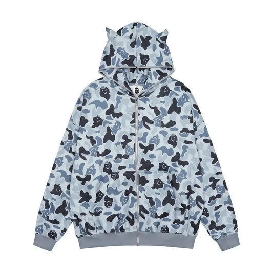 Y2K Bape Hoodie featuring a camouflage pattern of cat faces and silhouettes