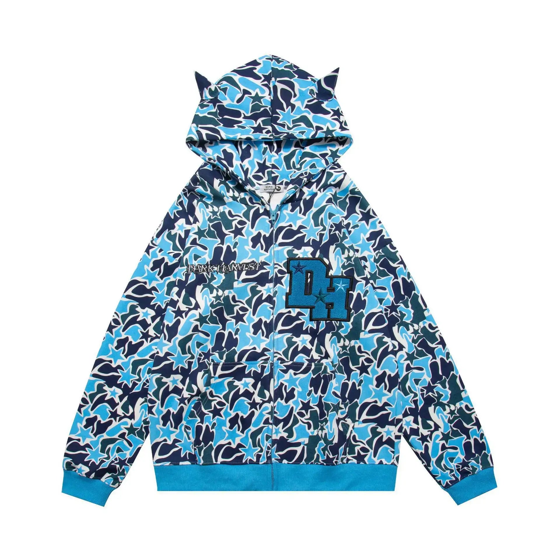 Blue camouflage Y2K Bape hoodie with cat ear details on the hood