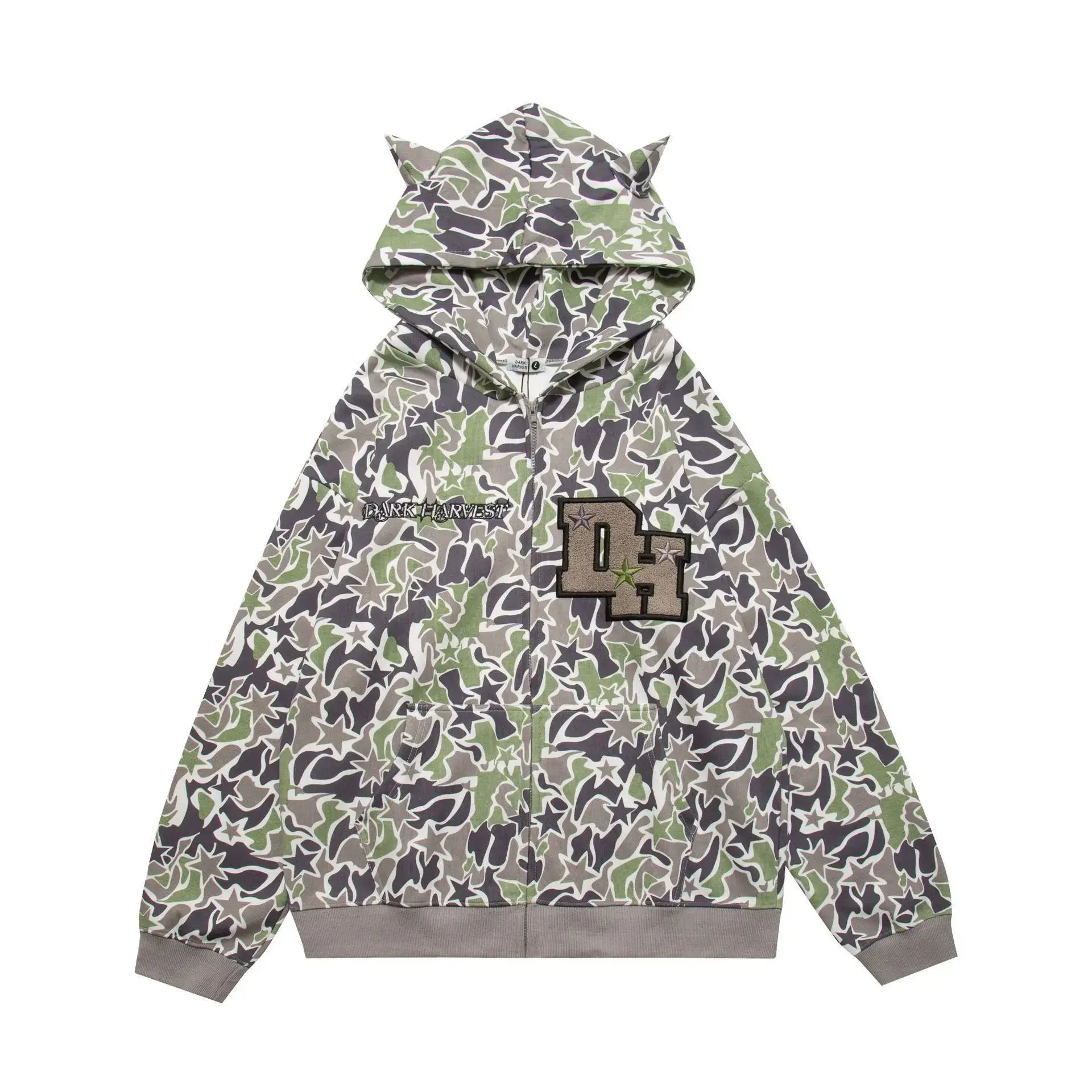 Camouflage-patterned Y2K Bape Hoodie with cat ear details and DL logo