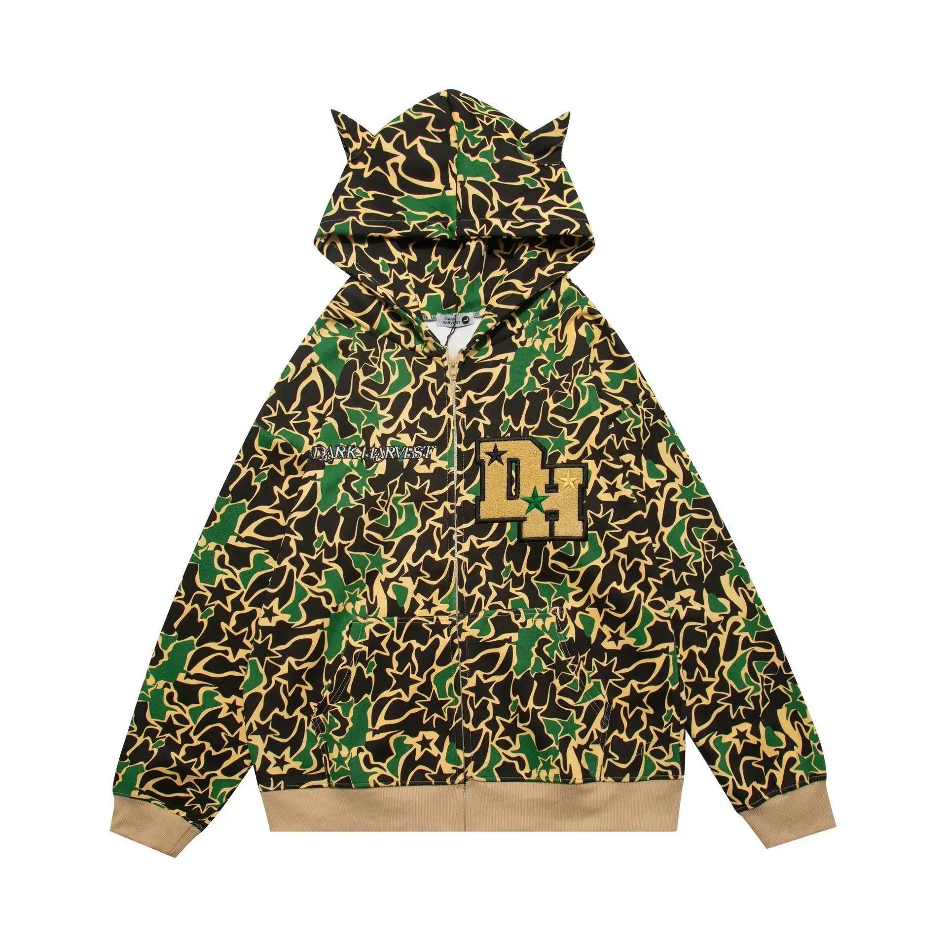 Camouflage-patterned Y2K Bape Hoodie with cat ear hood and D1 logo on chest