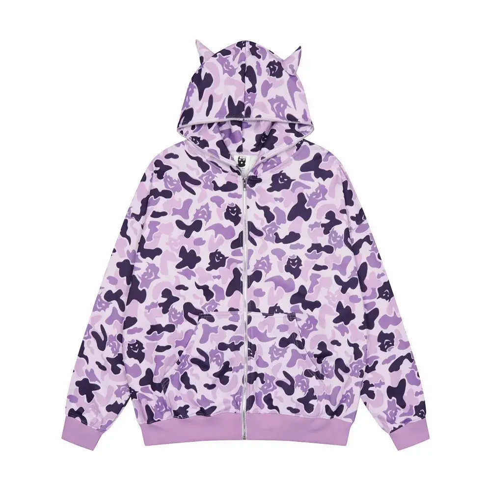 Purple camouflage Y2K Bape hoodie with cat ears on the hood for stylish comfort