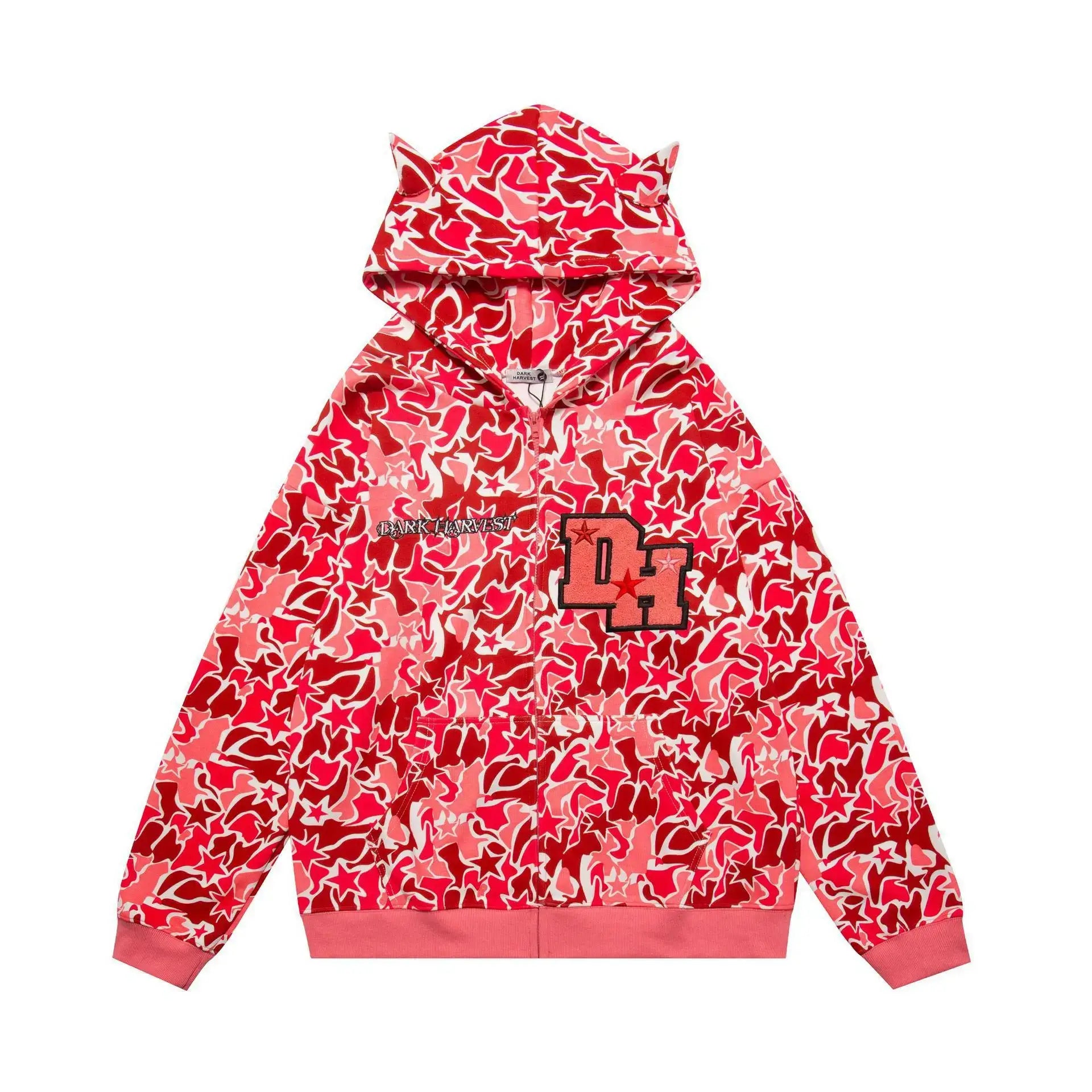 Red camouflage Y2K Bape Hoodie with cat ears and logo on chest for stylish wear