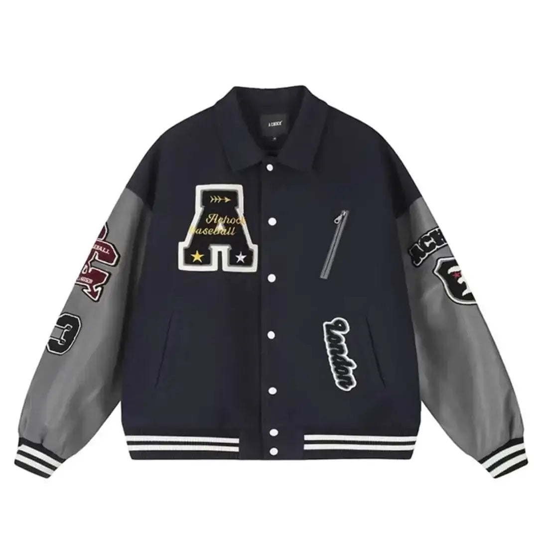 Varsity-style jacket with patches and contrasting sleeves.