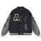 Varsity-style jacket with patches and contrasting sleeves.