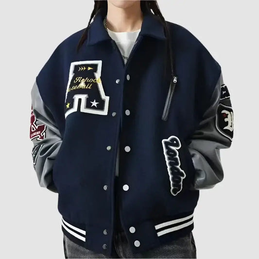 Y2K Baseball Jacket featuring navy body, gray sleeves, and stylish embroidered patches