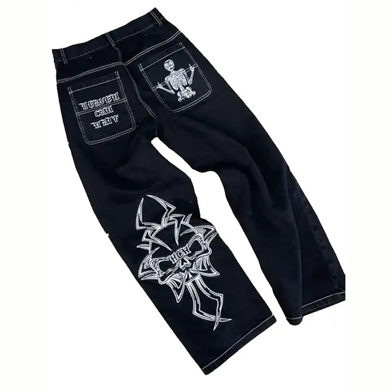 Y2K Black Jeans featuring unique graphic designs on pocket and leg