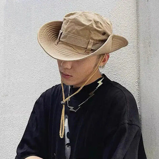 Beige Y2K bucket hat with wide brim and chin strap for stylish sun protection