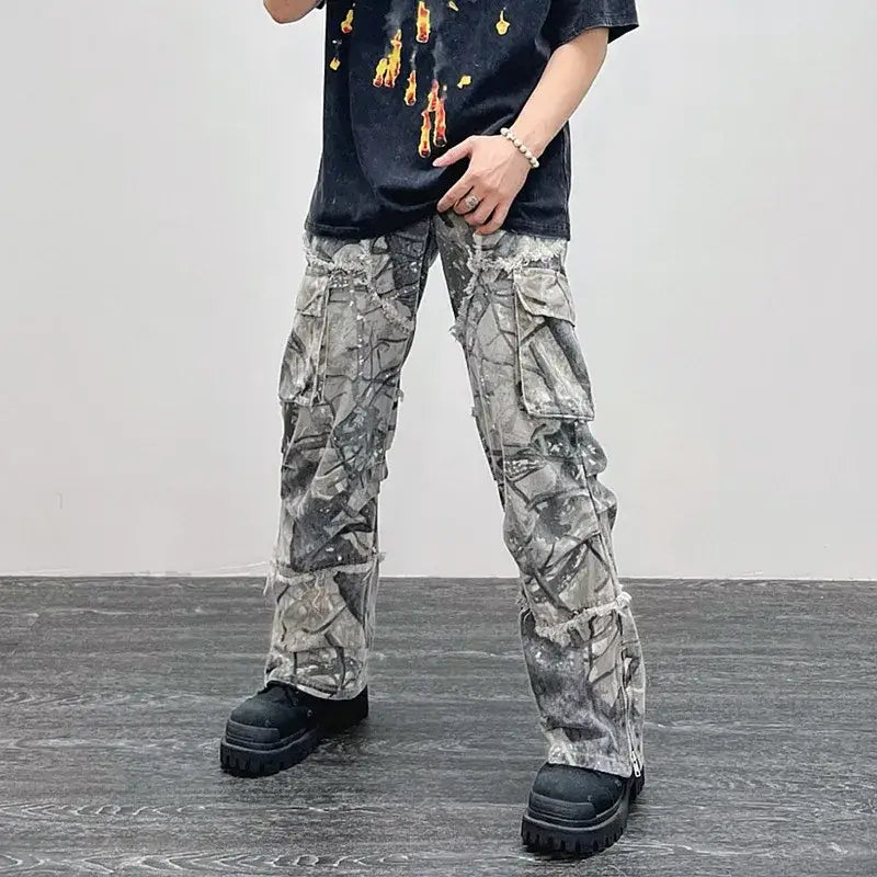 Y2K Cargo Jeans featuring camouflage design and multiple pockets worn with black boots