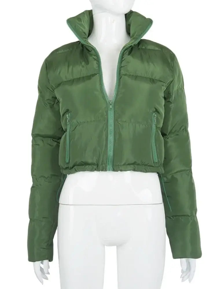 Green Y2K cropped jacket with high collar and front zipper for trendy styling