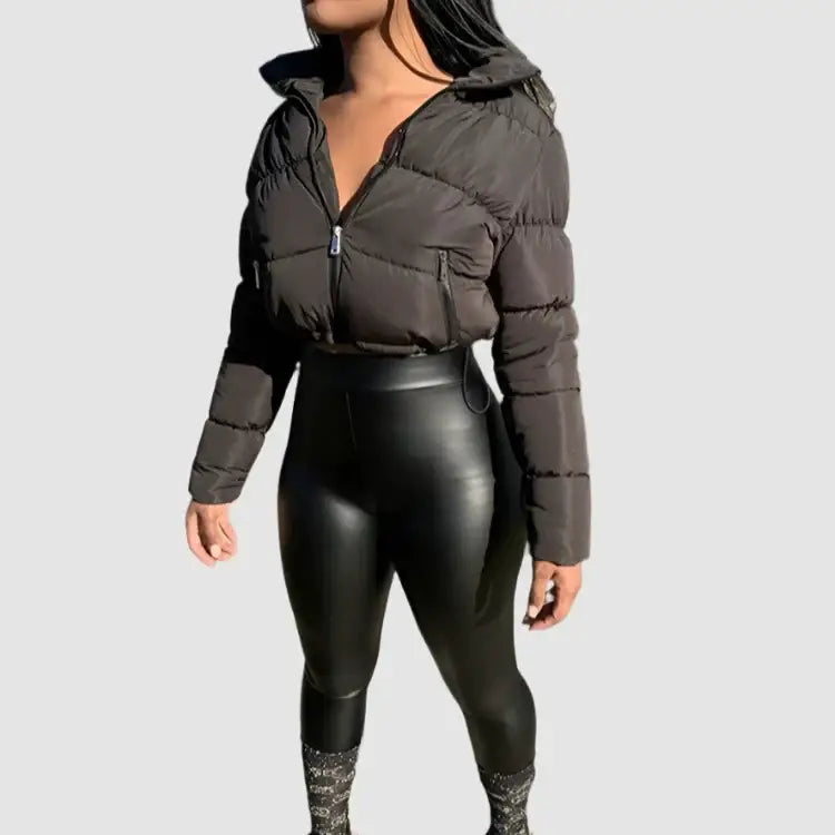 Y2K Cropped Jacket styled with high-waisted leather-look leggings for a trendy outfit