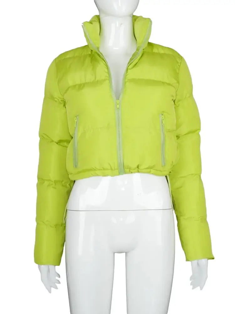 Bright lime green Y2K cropped jacket with front zipper and high collar