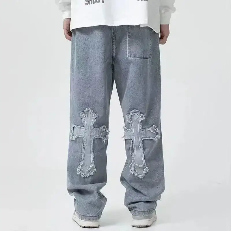 Gray Y2K Cross Jeans featuring unique cross designs on the knees for a trendy look