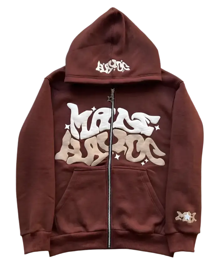 Maroon Y2K custom hoodie featuring graffiti-style Marc Ecko text on front