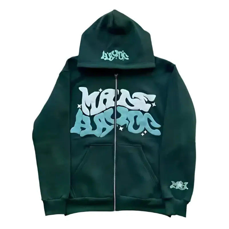 Dark green Y2K custom hoodie with light blue graffiti lettering on the front