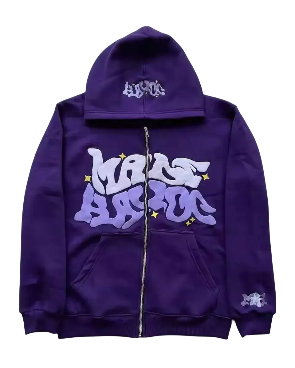 Purple Y2K Custom Hoodie featuring graffiti-style Mass Hysteria text on front