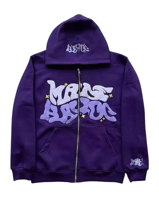 Purple Y2K Custom Hoodie featuring graffiti-style Mass Hysteria text on front